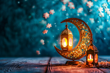 Islamic background with golden lanterns and crescent for Eid greeting card with whitespace and blue theme. Eid and ramadan concept	