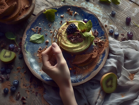 Chocolate cake with blueberries and kiwi on a wooden background