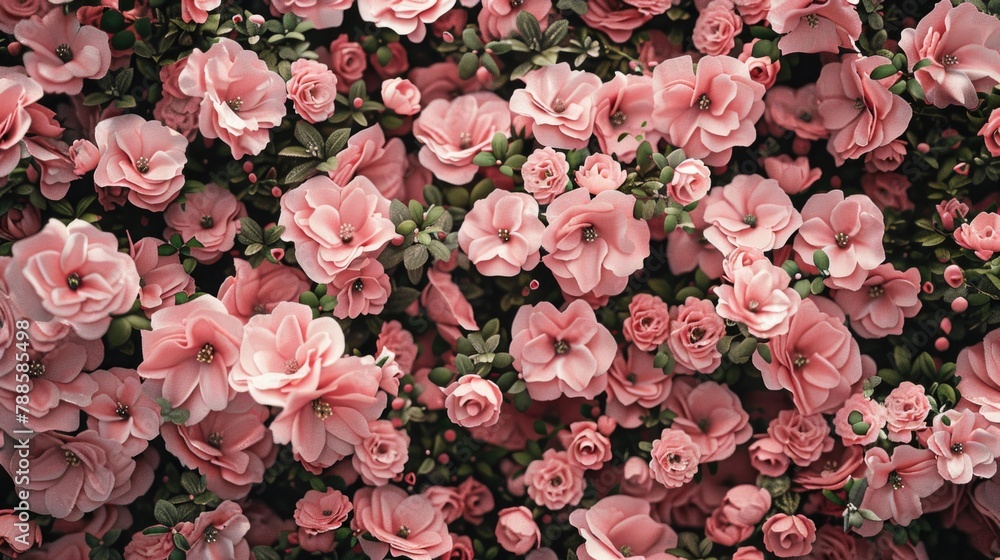 Poster A vibrant image of a large group of pink flowers with green leaves, perfect for adding a pop of color to any project