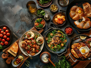 Top view of delicious Italian food on table. Food styling and restaurant meal serving concept