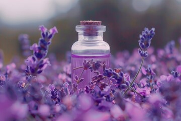 Obraz na płótnie Canvas A bottle of lavender in a beautiful purple flower field. Perfect for aromatherapy or nature-themed designs