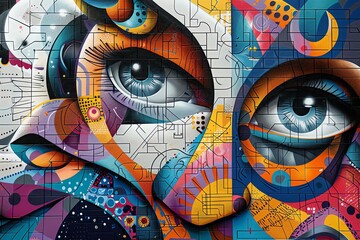 Obraz premium Design a photorealistic digital rendering showcasing the fusion of cultural festivals and blockchain technology in a close-up shot of a dynamic street art mural, emphasizing the intricate patterns and