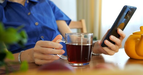 Tea break with smartphone. Modern relaxation captured, woman enjoys digital leisure, tranquil moment. Leisurely tea break becomes smartphone browsing moment. Serene pause with digital engagement.