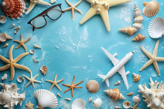 A unique image of a plane surrounded by seashells and starfish. Perfect for travel or beach-themed designs