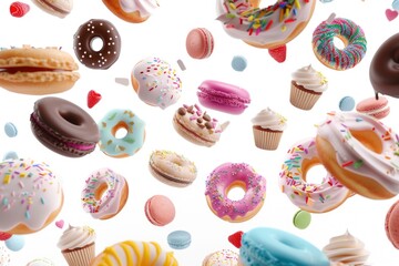 Various types of donuts on a clean white background. Perfect for bakery or food concept