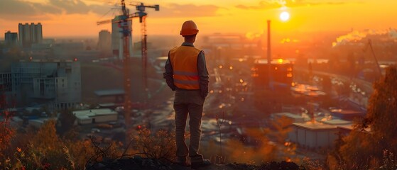 Sunset Over Site: An Engineer's Vigil. Concept Engineering Achievements, Sunset Views, Construction Progress, Reflecting on Projects - obrazy, fototapety, plakaty