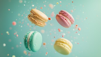 Colorful macarons captured in mid-air. Ideal for food bloggers or bakery promotions