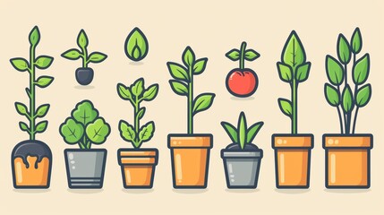 Growth stages of plants. Line art icons. Isolated linear illustration of fruit and vegetable planting process. Flat design style.