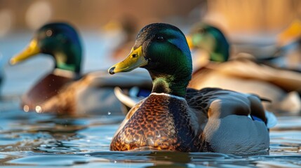A group of ducks peacefully floating on water. Perfect for nature and wildlife themes - Powered by Adobe