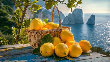 Cesto di limoni freschi posato con su un tavolo baciato dal sole, sullo sfondo i faraglioni di Capri, Napoli - 788587244