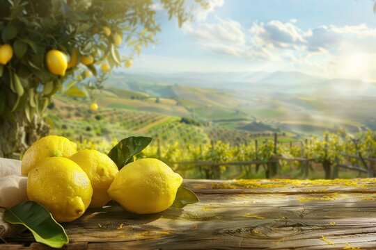 Limoni riposano su una tavola rustica, baciati dai raggi del sole, su sfondo rurale con colline