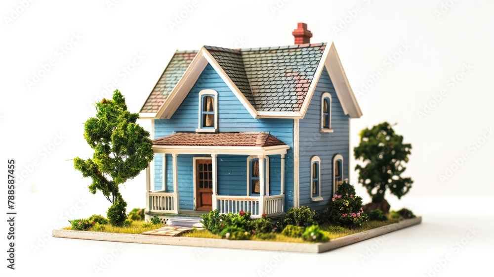 Poster a small blue house with a tree in front of it. suitable for real estate or nature concepts