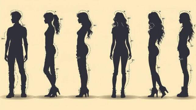 Stock modern illustration of full-length portraits of men and women showing measurements of their body parameters. Measurements and proportions of human bodies.