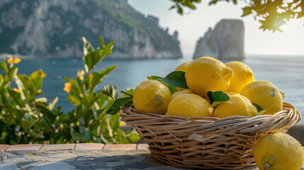 Cesto di limoni freschi posato con su un tavolo baciato dal sole, sullo sfondo i faraglioni di Capri, Napoli