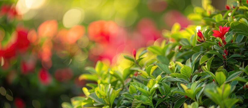 Green shrub with a backdrop of red flowers