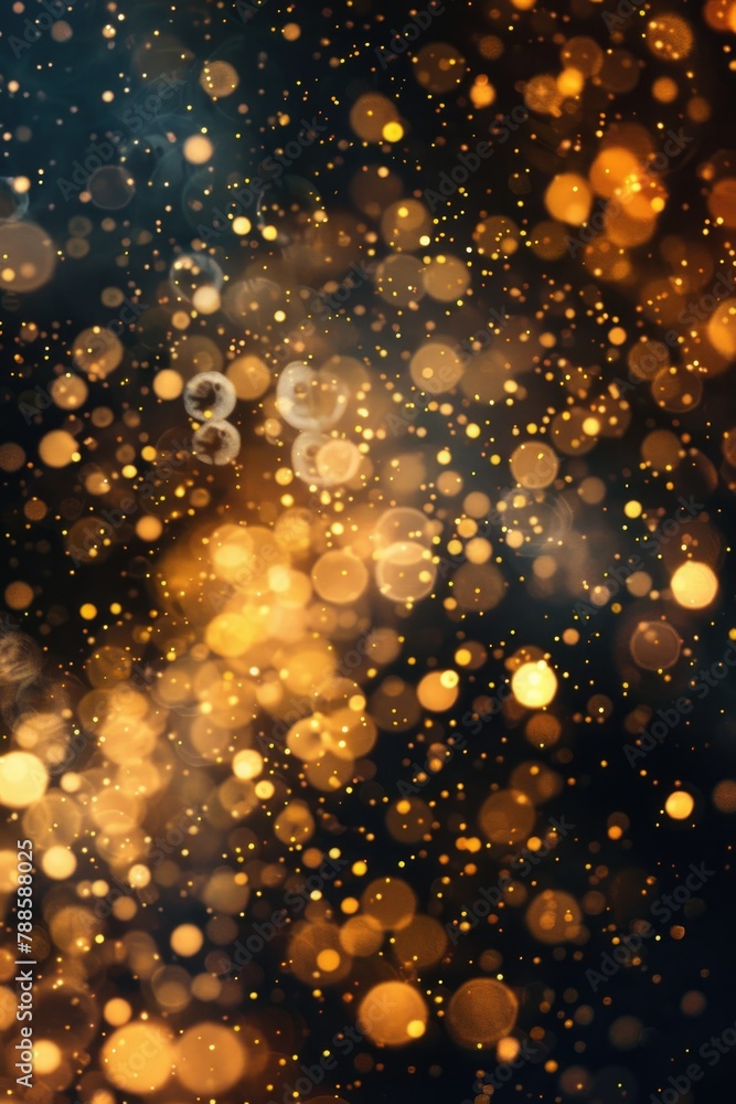 Poster A blurry image featuring a black background with shimmering gold lights. Suitable for various design projects