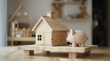 A small wooden house with a piggy bank, great for financial concepts