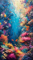 Craft a stunning oil painting of a colorful coral reef from a worms-eye-view, surrealism elements...