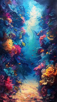 Craft a stunning oil painting of a colorful coral reef from a worms-eye-view, surrealism elements subtly integrated Dive into vibrant hues and dreamlike forms, Traditional Art Medium Oil,, Surrealism,