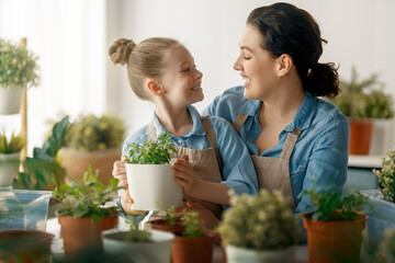 Family caring for plants