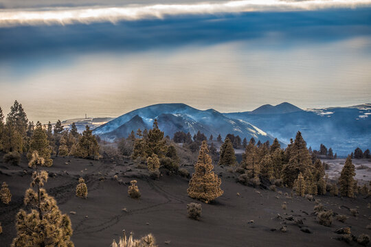 View of the La Palma volcano after going out, releasing smoke