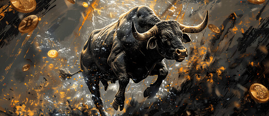 a running bull with bitcoin symbol around it wallpaper for web banner copy space