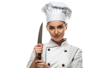 Female chef holding knife in white uniform
isolated on white background