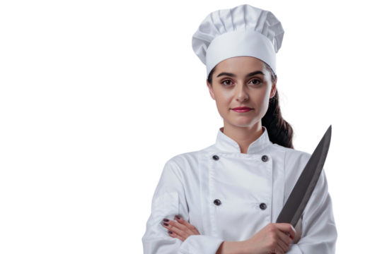 Female chef holding knife in white uniform
isolated on white background - Powered by Adobe