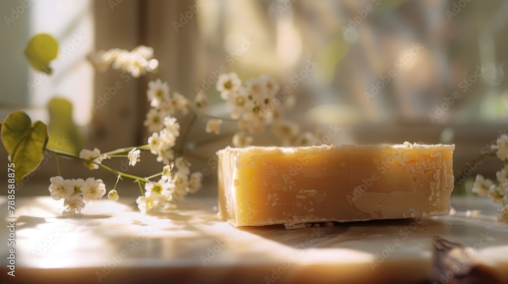 Poster a piece of soap resting on a table, suitable for hygiene and cleanliness concepts