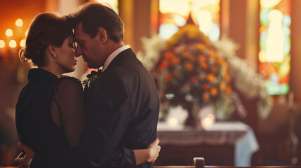 Intimate Moment at Wedding Ceremony. A couple shares a tender embrace during their wedding ceremony in a beautifully lit church.