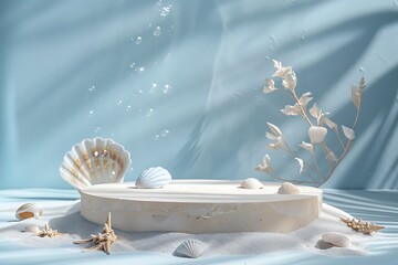 Abstract minimal background with a round beige podium and seashells on sand for a summer product...