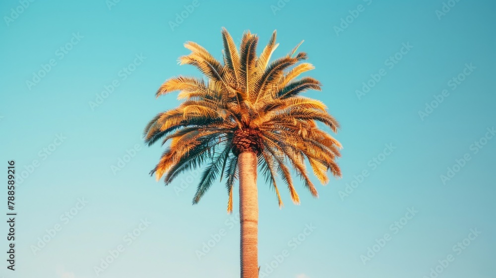 Poster a single palm tree with a clear blue sky in the background. suitable for travel and vacation concept