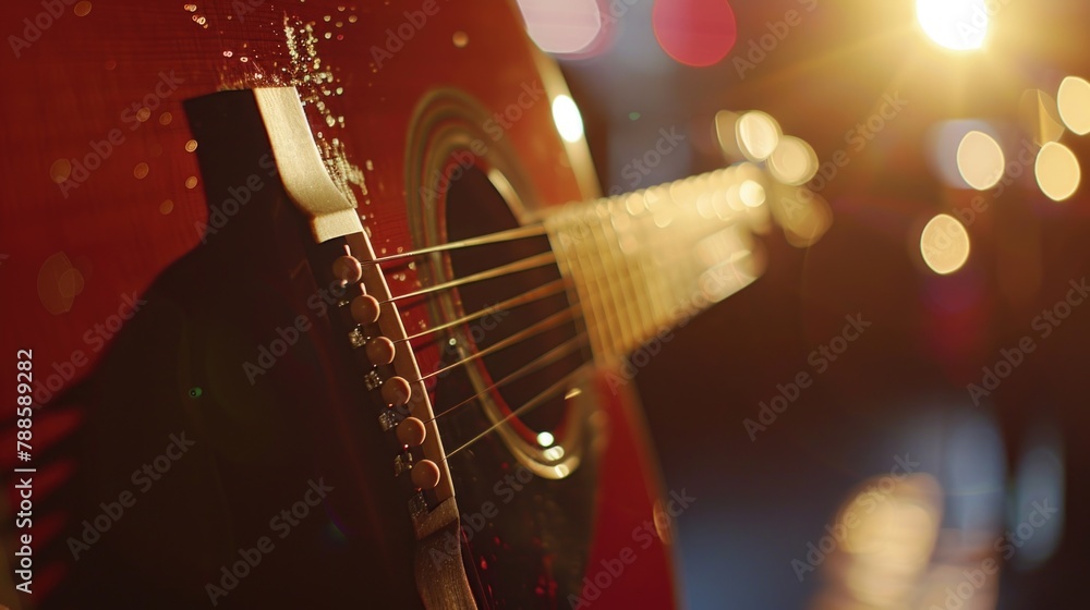 Poster close-up shot of a guitar with a blurred background. suitable for music-related projects