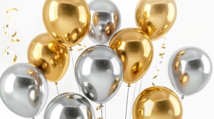 Festive bunch of gold and silver balloons with streamers. Perfect for celebrations and parties - obrazy, fototapety, plakaty