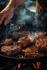 A man cooking steaks on a grill, perfect for food and cooking concepts