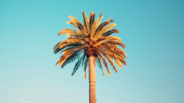 A single palm tree with a clear blue sky in the background. Suitable for travel and vacation concepts