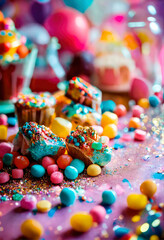 Fototapeta na wymiar candy sweets and birthday cake. selective focus.