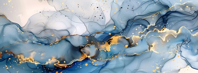 Abstract fluid art painting in blue and gold, featuring swirling patterns of liquid ink with hints of metallic sheen on an isolated white background