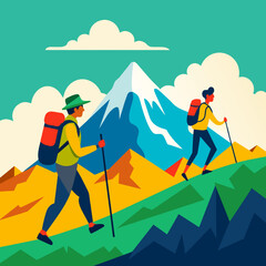 Hiking in the mountains. Vector illustration in flat design style.