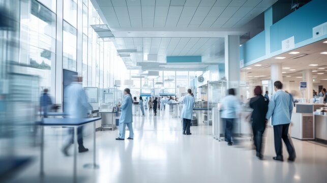 Modern hospital with visitors and staff