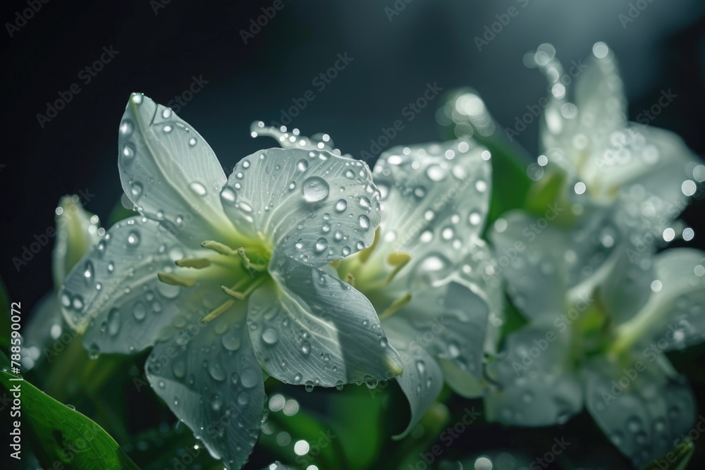 Wall mural Close-up of white flowers with water droplets, perfect for nature backgrounds