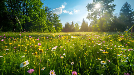 The image is a beautiful landscape of a meadow in full bloom.