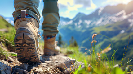 Rear view of a person's legs in hiking boots walking in beautiful Swiss mountains on a sunny summer day - 788590606