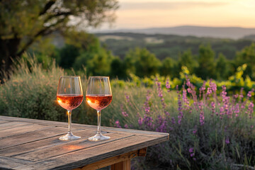 Two glasses of French rose wine on a table outdoors, with lavenders and Provence landscape in the background - 788590616