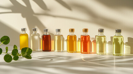 Bottles of aromatherapy essential oil on a table in sunlight - 788590620