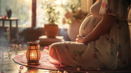 Pregnant woman sitting and enjoying meditation and relaxation at home - 788590621
