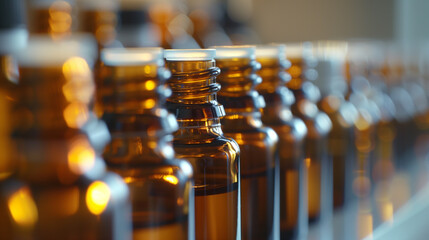 Bottles of aromatherapy essential oil in a row on a table, close up