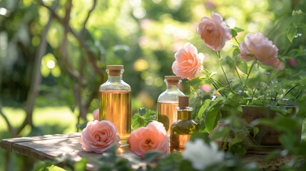 Bottles of aromatherapy essential oil with pink rose flowers and leaves outdoors in a garden in summer