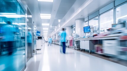 Blurred motion of busy hospital corridor - obrazy, fototapety, plakaty