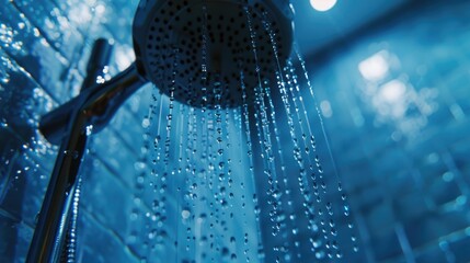 Water running down a shower head, ideal for bathroom design concepts